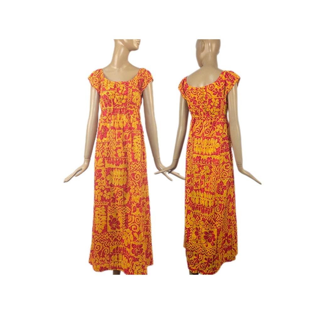 Vintage 1970s Kuma Hawaii Tiki Print Neon Day-Glow Maxi Dress Summer
